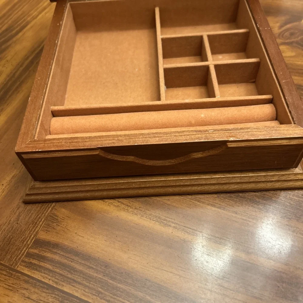 Etched Glass Square Light‎ Brown Wood Dresser Jewelry Box MELE Taiwan